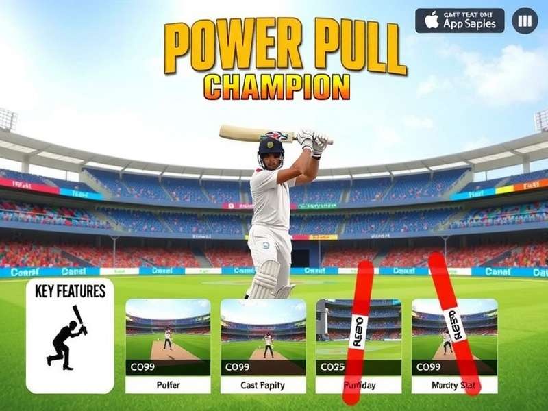 Power Pull Champion Key Features Showcase with Indian cricket elements and gameplay screenshots
